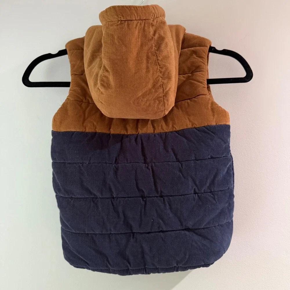 Tommy Bahama Puffer Vest Toddler 4T Tan Navy Blue Excellent Corduroy‎ Hooded Zip
